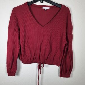 Moa Moa Burgundy Waffle Knit, Tie Cinch Waist Cropped Sweater Top Women Large